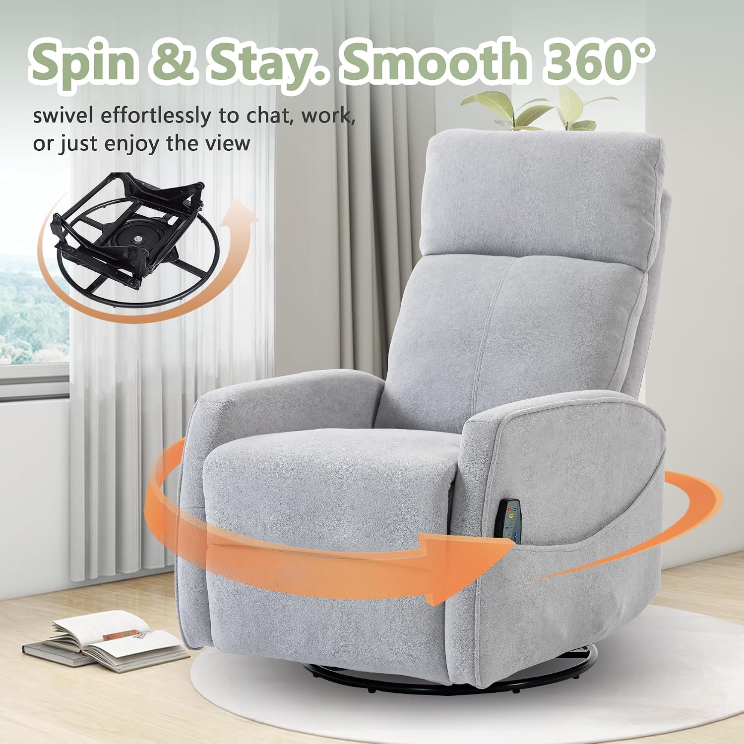 cinkehome Heated Massage Swivel Rocker Recliner Chair for Nursery - Small Space Reclining Chair with Lumbar Support, 360° Swivel & Gentle Rocking, Ergonomic High Back Short Plush Light Grey