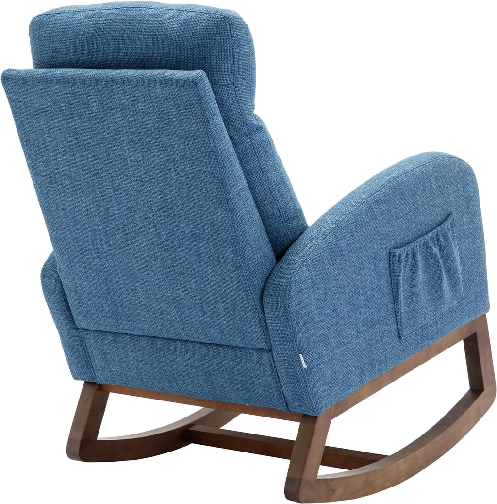Modern Rocking Chair with Breathable Yellow Linen & Solid Wood Legs - Recliner Glider Armchair Featuring Side Pocket, High Back Support for Nursery, Living Room, Bedroom (Blue)