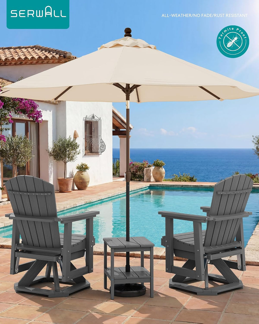 SERWALL Adirondack Swivel Glider Chair, HDPE Glider Rocking Chair for Outdoor, All-Weather Glider Chair for Porch, Balcony, Grey