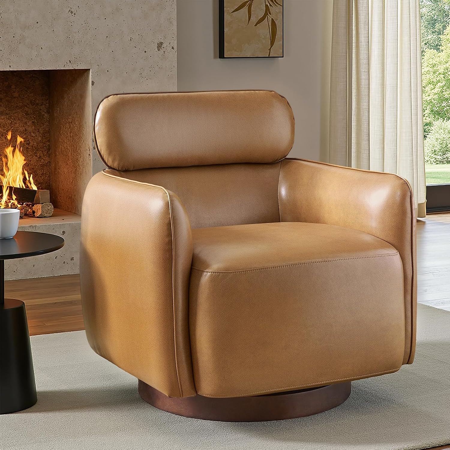 HULALA HOME Genuine Leather Swivel Rocker Chairs Set of 2, Swivel Rocking Barrel Chairs with Wooden Base, Modern Leather Accent Chairs for Living Room, Easy Assembly, Camel