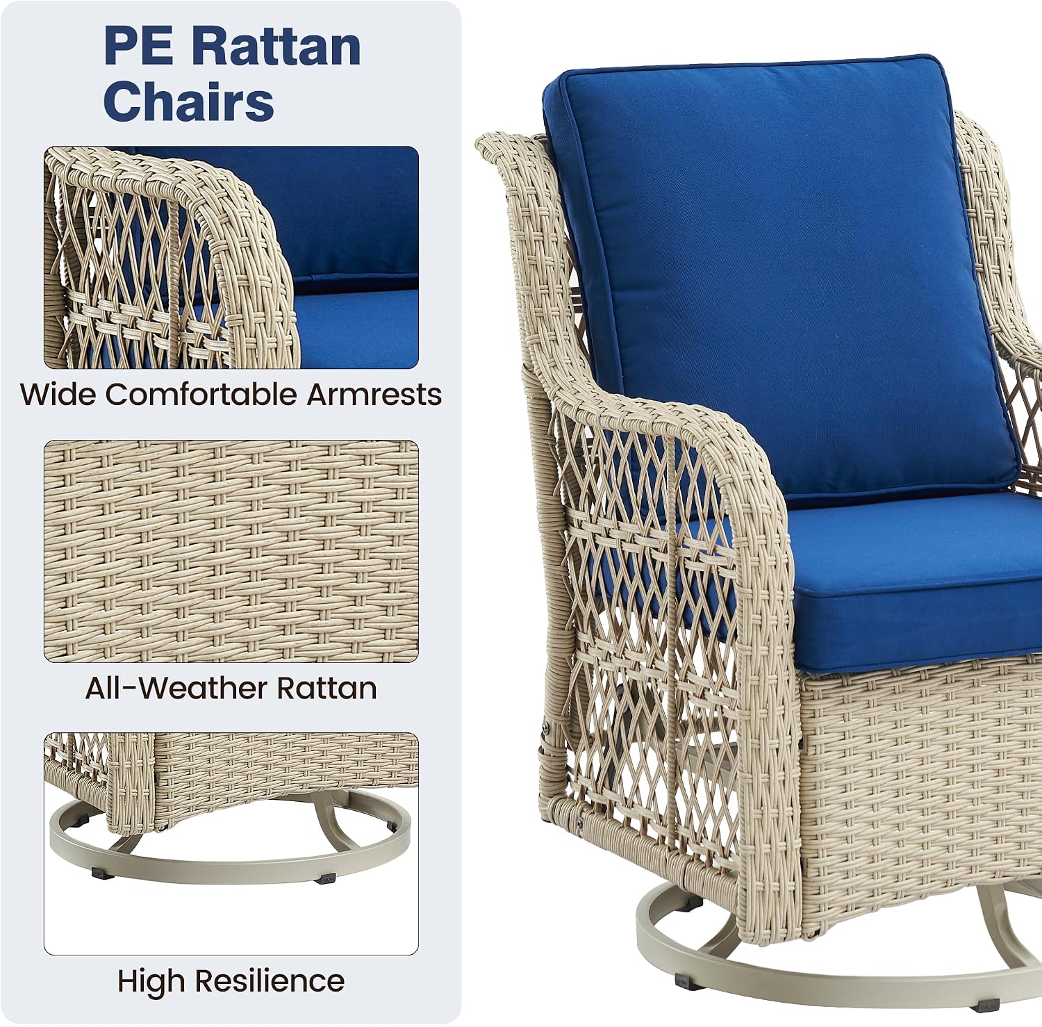 GAOMON 3 Piece Outdoor Patio Set, Wicker Rocking Bistro Set with 2 Swivel Chairs & Tempered Glass Top Table, Rattan Outdoor Furniture with Cushions for Patio Porch Backyard,Beige/Light Blue Cushion