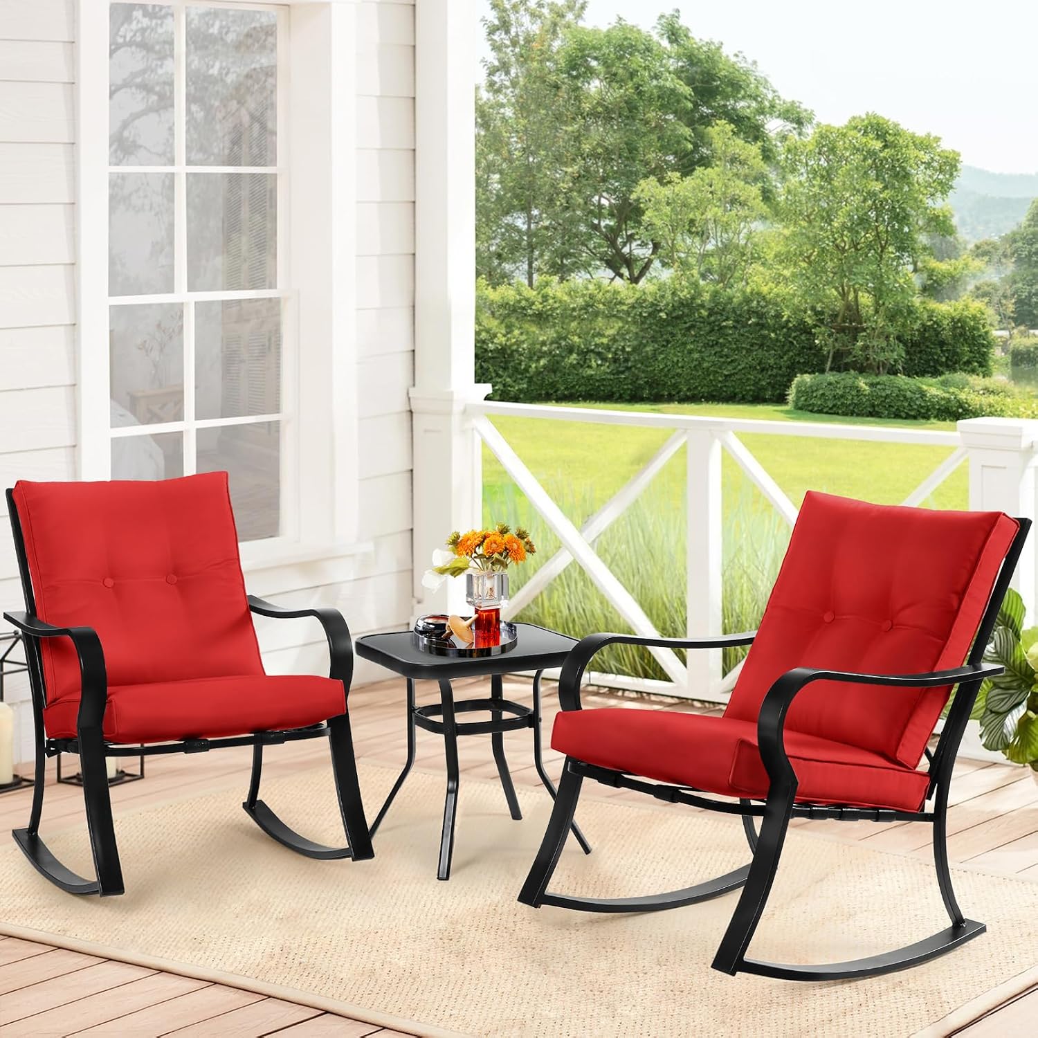 SOLAURA 3-Piece Outdoor Rocking Chairs Bistro Set, Black Iron Patio Furniture with Red Thickened Cushion & Glass-Top Coffee Table
