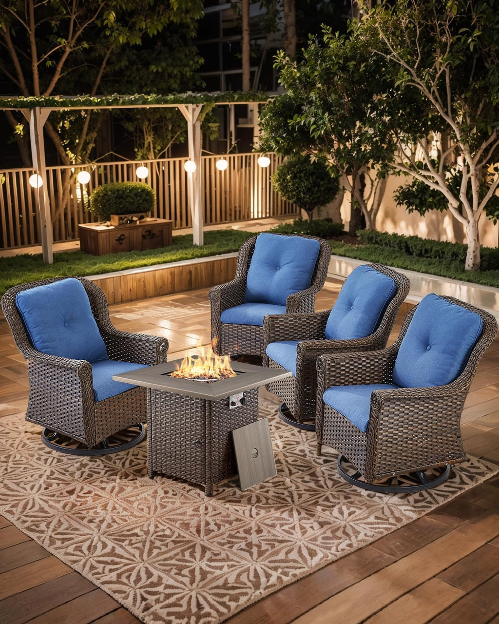 Outdoor Patio Swivel Gliders with Fire Pit Table 5 Piece Set - High Back Brown Wicker Rattan Rocking Chair with Thick Cushion for Porch Apartment Deck Yard Poolside Garden - Navy Blue