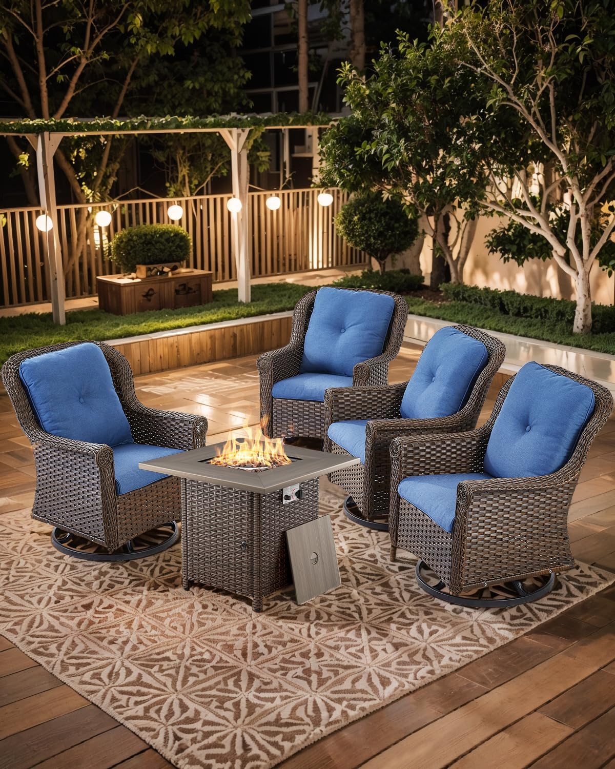 Outdoor Patio Swivel Gliders with Fire Pit Table 5 Piece Set - High Back Brown Wicker Rattan Rocking Chair with Thick Cushion for Porch Apartment Deck Yard Poolside Garden - Navy Blue