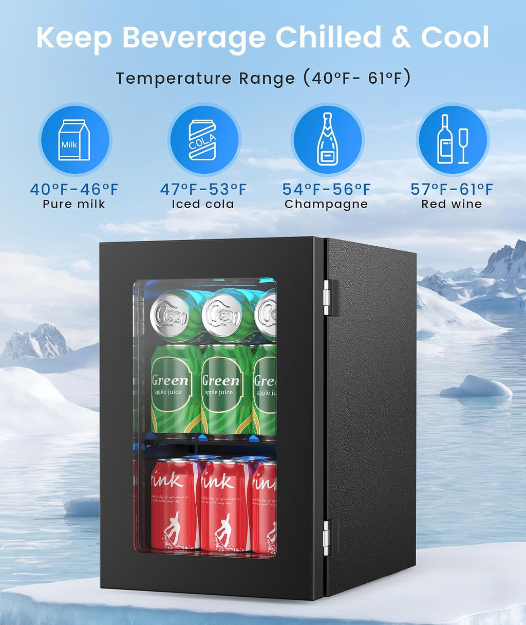 Kismile 18L Beverage Refrigerator Cooler, 24Can Mini Fridge with Glass Door, Quiet Compressor, Countertop Small Fridge with 40-61℉ Digital Electronic Temperature Control, LED Lgiht for Home and Bar