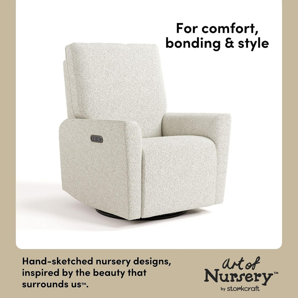 Storkcraft Santorini Deluxe Power Recliner Swivel Glider (Ivory Boucle) – Premium Electronic Power Recliner for Nursery, Includes Dual-USB Charging Port for USB-A & USB-C, Glider Rocking Chair
