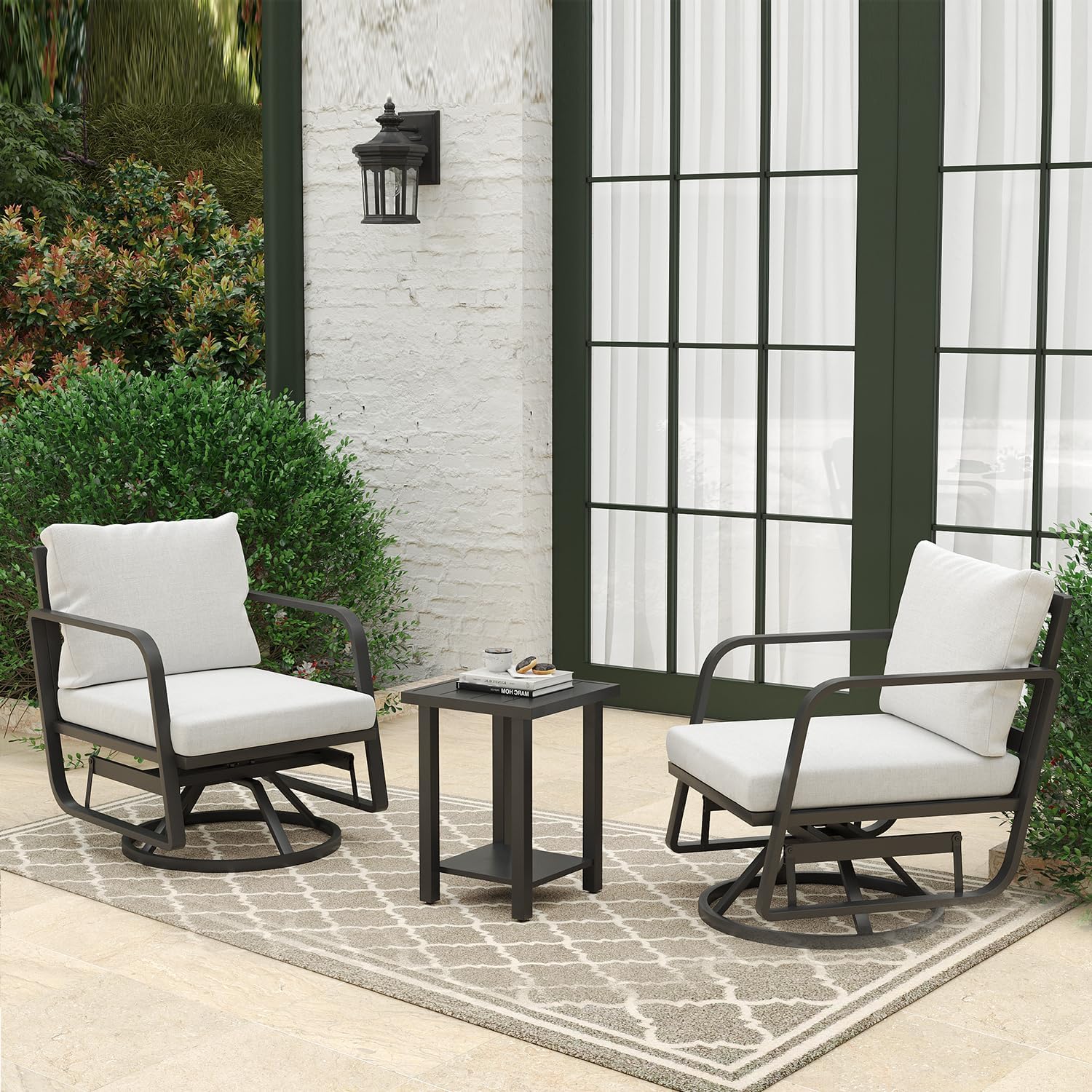 Patio Chairs Swivel Rocker Sets: 3Pieces Aluminum Alloy Ensemble 360° Swivel Rocking Chairs, Rust-Resistant Frame Cushions -Perfect for Backyard, Deck, Porch, and Balcony Decoration(2Swivels+1Table)