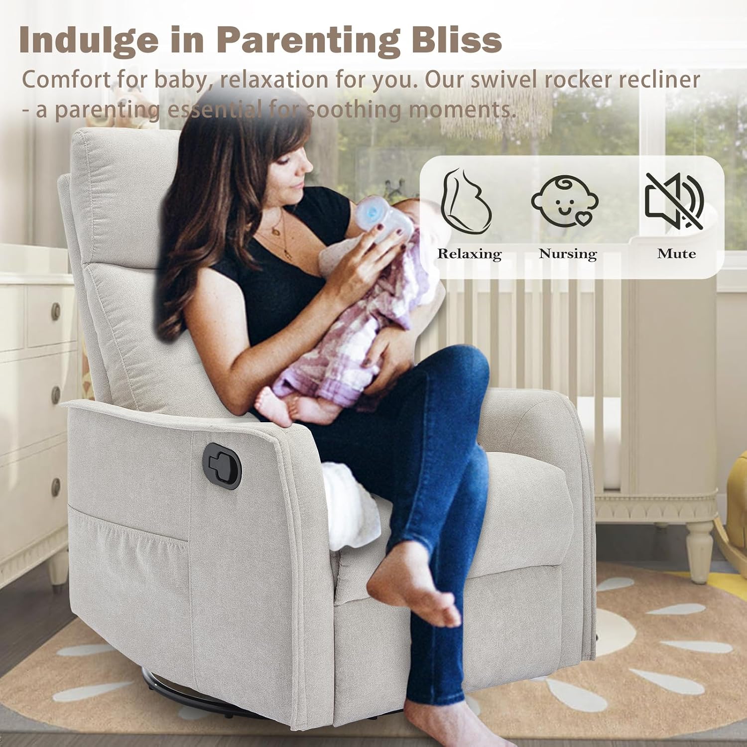 cinkehome Swivel Rocker Recliner Chair with Heated Massage, Rocking Reclining Chairs for Nursery, Small Spaces, High Back, Side Pocket
