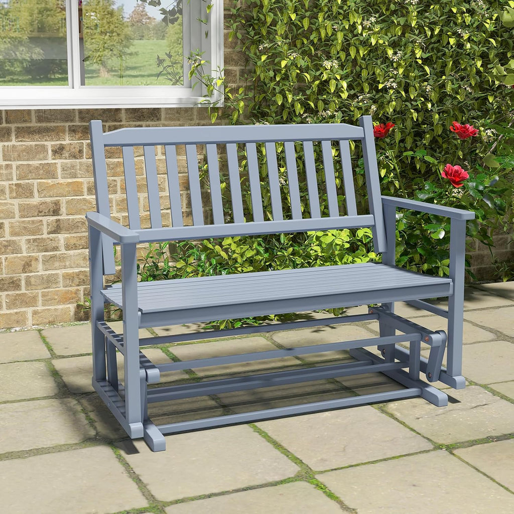 Tangkula 2 Person Outdoor Glider Bench, Poplar Wood Patio Swing Glider Loveseat with Armrests, Slatted Seat & Backrest, Porch Rocking Glider Bench for Backyard, Garden, Deck (Grey)