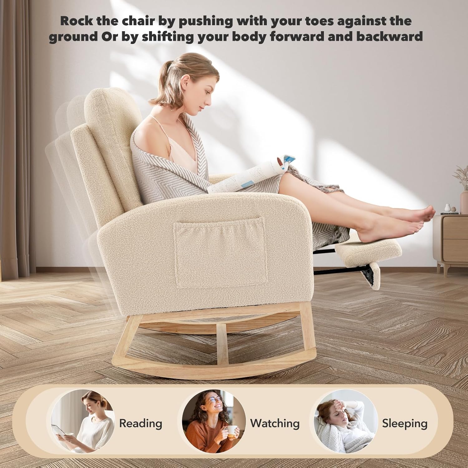 Nursery Rocking Chair with Foot Rest, High Back Upholstered Glider Rocker Chair, Solid Wood Base Lounge Chair for Mom Feeding, Living Room Bedroom Relaxation