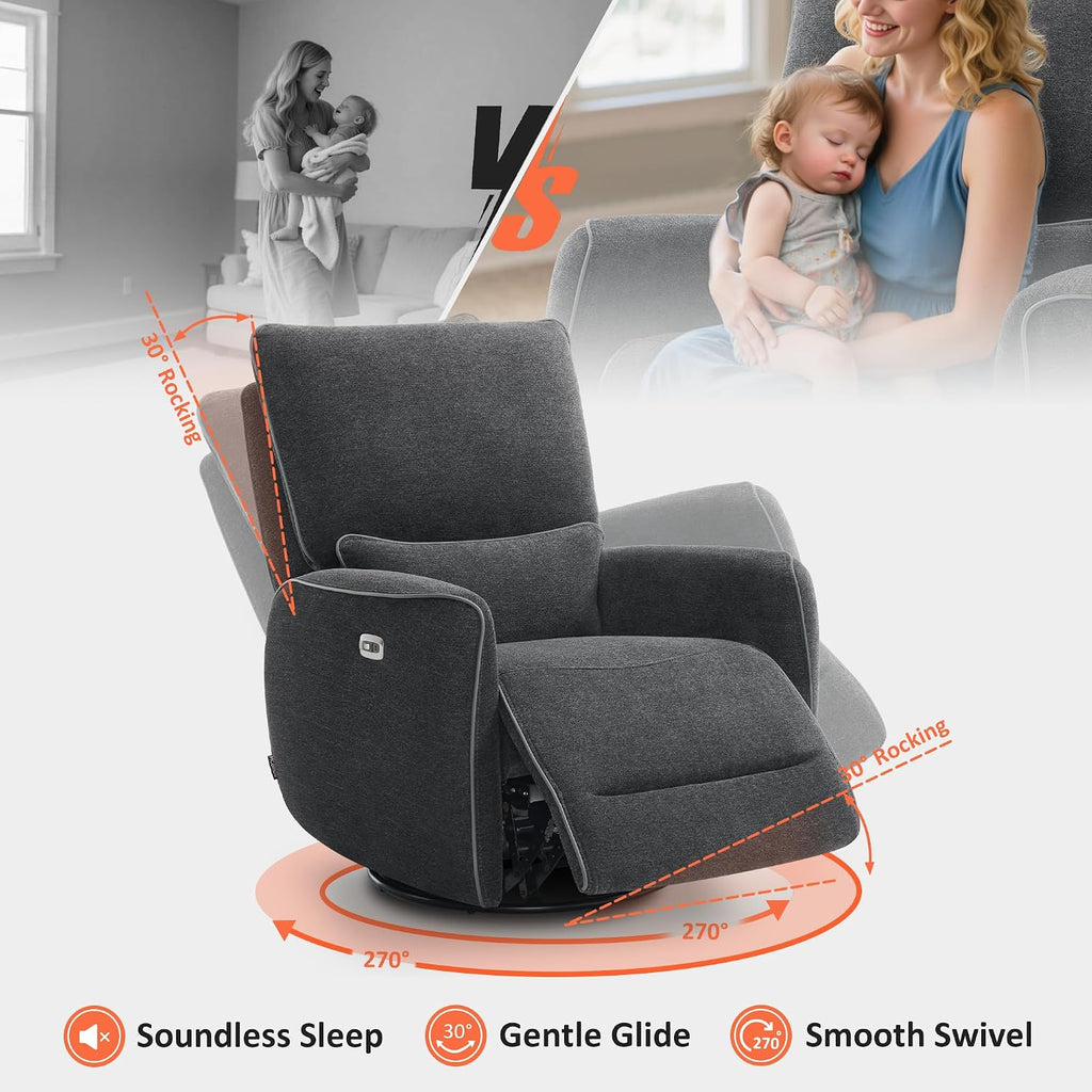 MCombo Power Swivel Glider Rocker Recliner Chair, Electric Swivel Rocker Recliner with USB Charging Ports for Living Room and Nursery, Fabric 6922 (Grey)