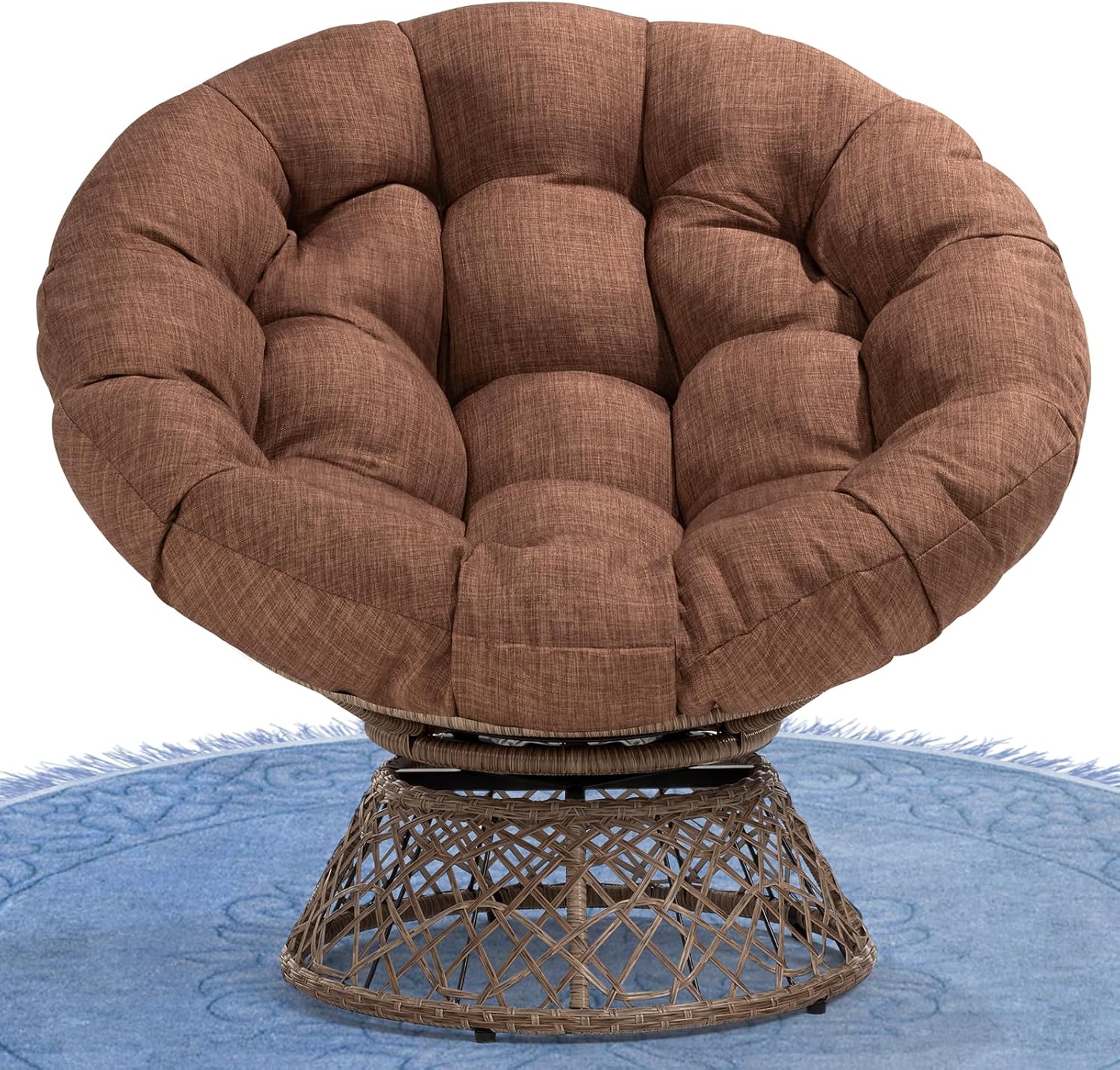 Bme 40' Ergonomic Wicker Papasan Chair with Soft Thick Density Fabric Cushion, High Capacity Steel Frame, 360 Degree Swivel for Living, Bedroom, Reading Room, Lounge, Cinnamon Mocha - Brown Base
