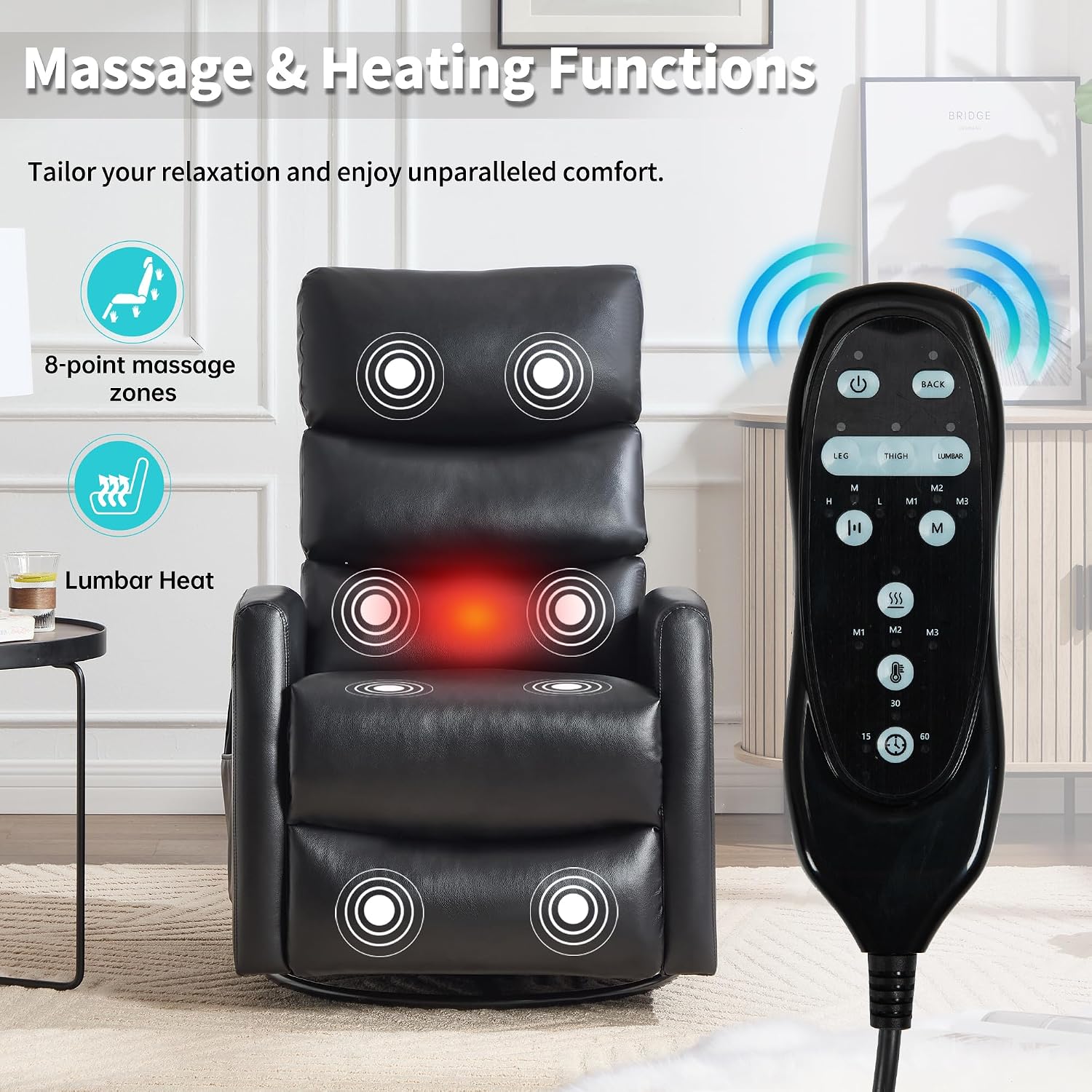 PELUMY 360° Swivel Rocker Recliner with Heat & Vibration Massage, Glider Rocking Chair for Adults, Compact Recliner for Living Room, Small Spaces, Nursery, Bedroom (Breathable Leather, Black)