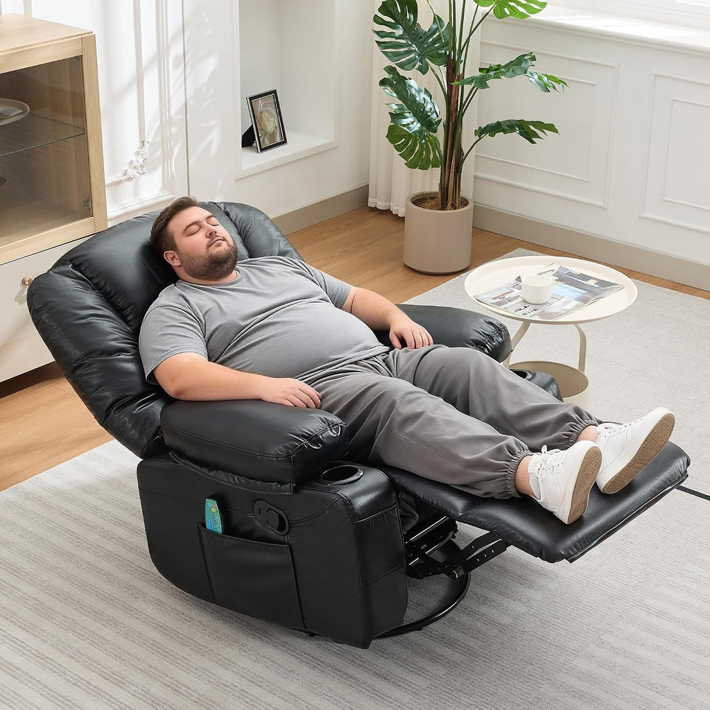 Rocker Recliner Chair with Heat and Massage,Nursery Recliner 360° Swivel Oversized Chairs for Adults,PU Leathe Lazy Boy Single Sofa Seat with 3 Positions, Side Pockets,Cup Holders for Living Room