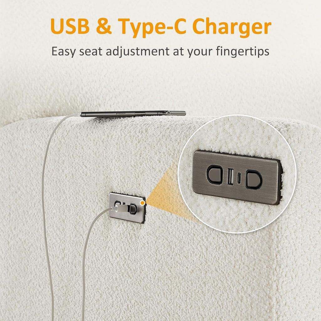 VANOMi Power Recliner Chair, 270° Swivel Nursery Chair with USB Charging Port Comfy Boucle Glider Rocking Chairs for Living Room, Nursery, Bedroom, White