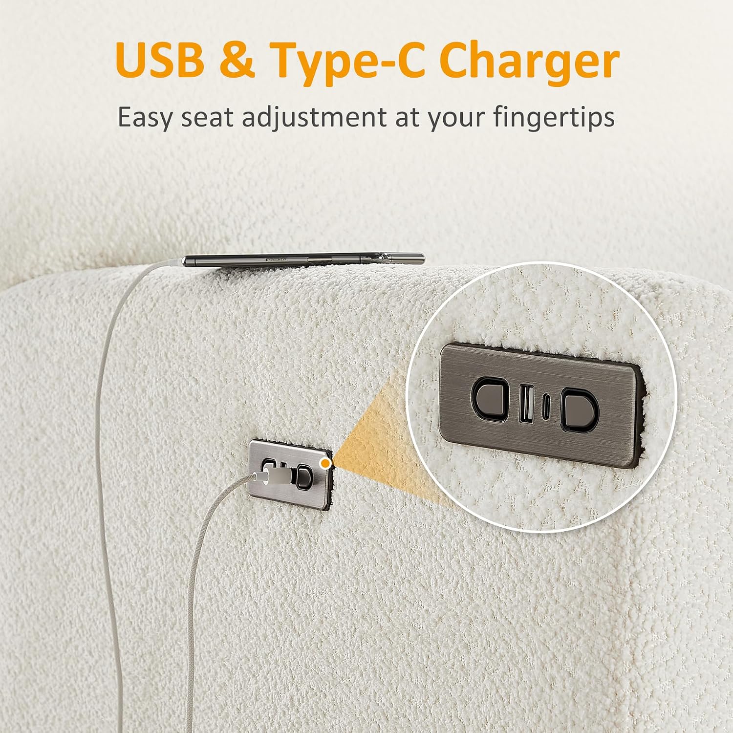 VANOMi Power Recliner Chair, 270° Swivel Nursery Chair with USB Charging Port Comfy Boucle Glider Rocking Chairs for Living Room, Nursery, Bedroom, White