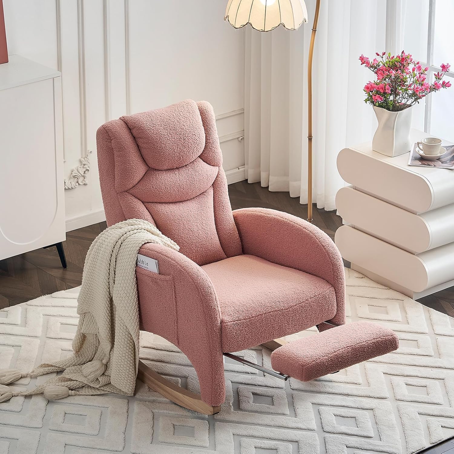 Rocking Chair Nursery with Foot Rest,Upholstered Teddy Glider Rocker with Wood Legs, Nursing Rocking Chair for Living Room/Nursery,Pink