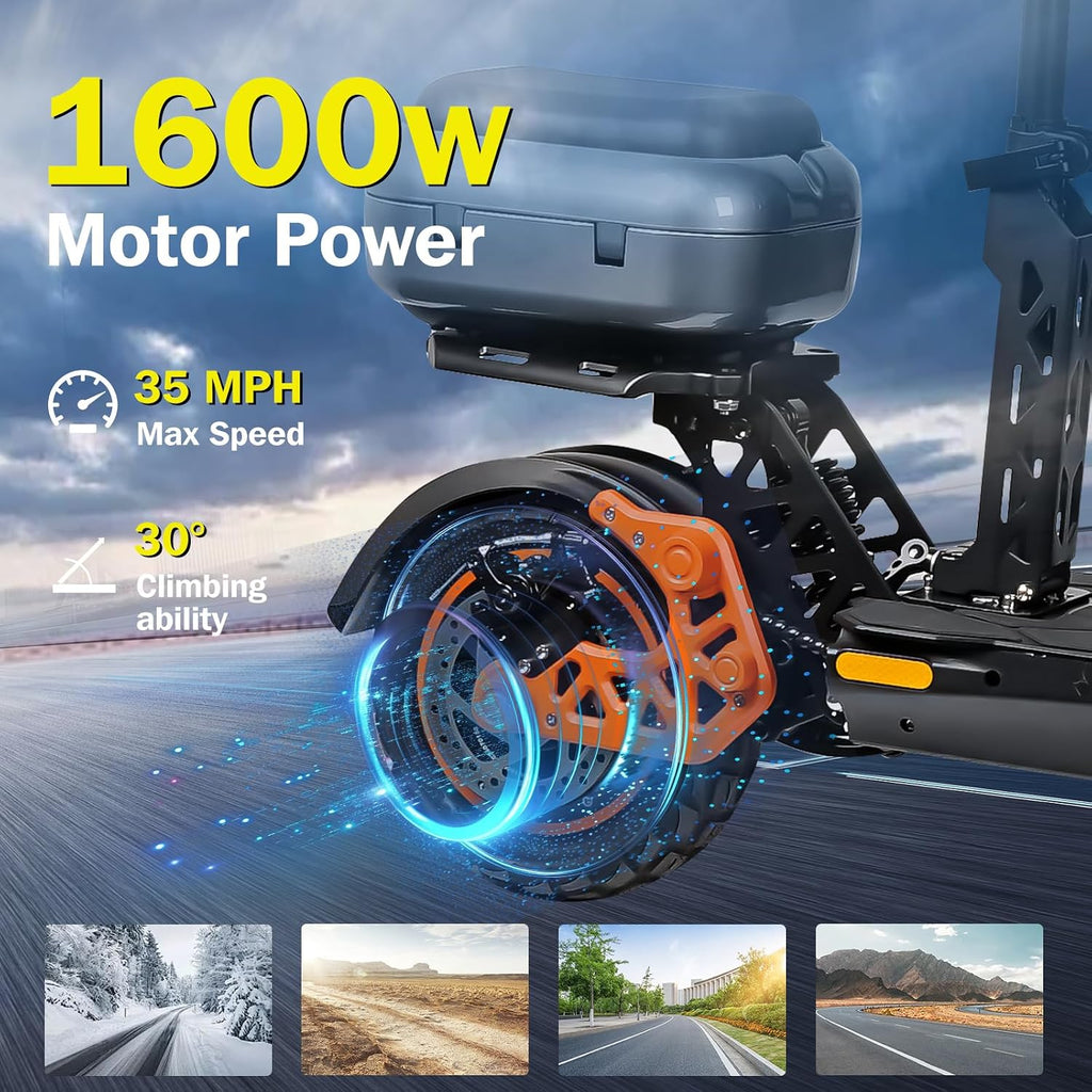 Electric Scooter Adults 1600/2000W Motor 50 Miles Long Range & 30/35 MPH Top Speed 10' Off Road Tire Folding E-Scooter 48V 20.8AH Battery Kick Scooter with Detachable Seat for Commuter Outdoor