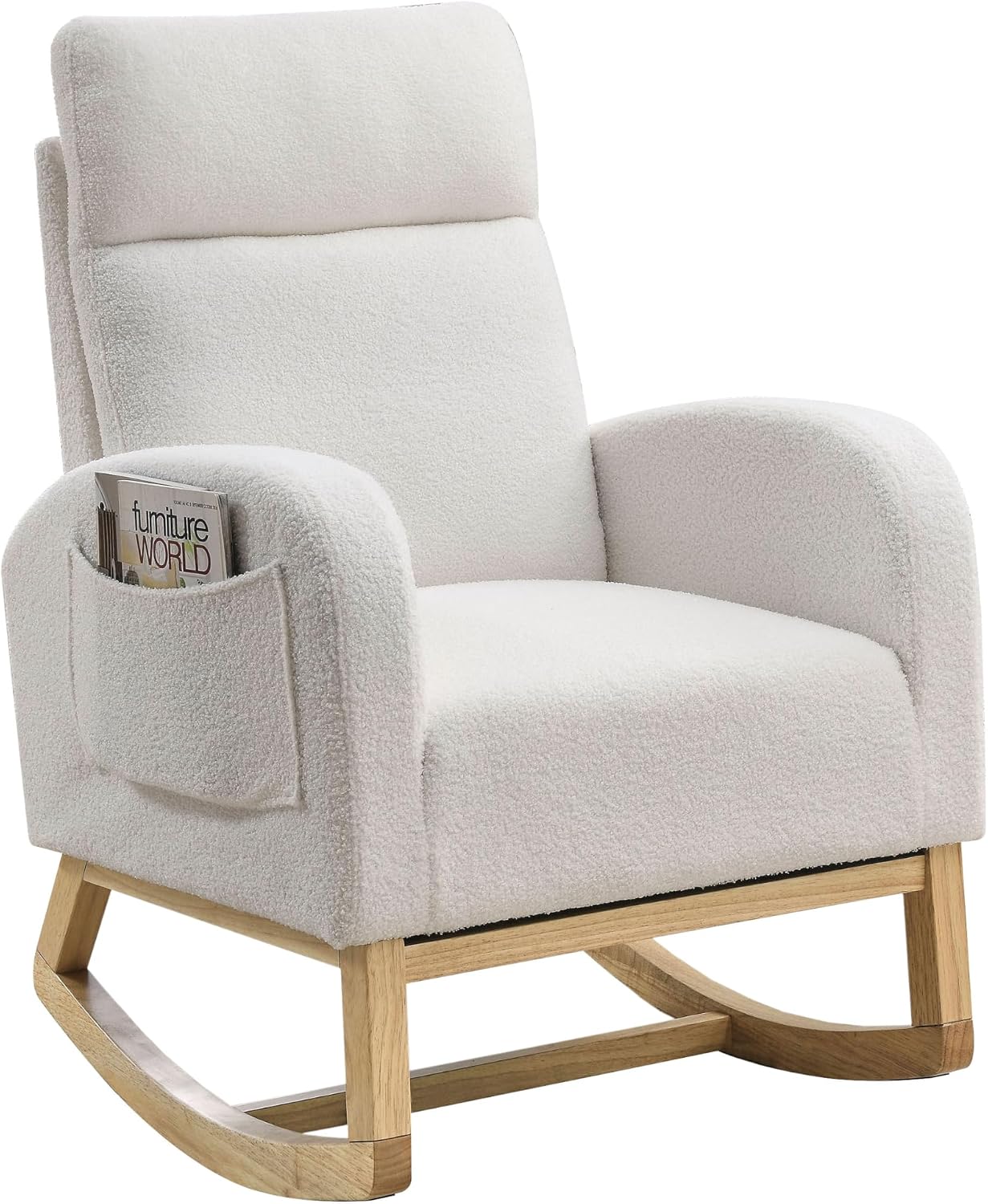 Nursery Rocking Chair Teddy Upholstered Accent Rocker Chair with High Backrest, Soft Rocker Glider Solid Rubber Wood Leg for Bedroom Living Room Nursing Room, Two Side Pocket, White Classic