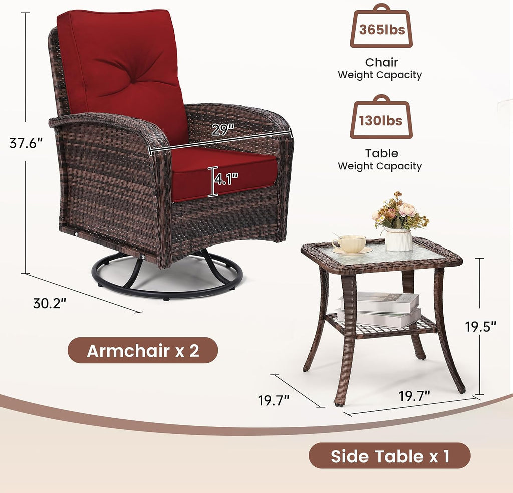 wildformers Luxury Outdoor Swivel Wicker Glider Patio Chairs with Table Set, Overstuffed Washable Cushions, Ideal for Porch, Balcony, Deck, Brown Rattan and Red Cushion