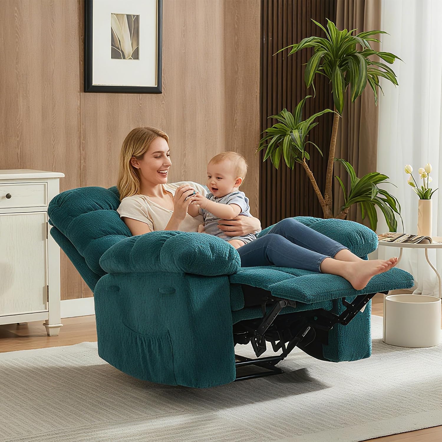 Manual Recliner Chair for Living Room, Overstuffed Fabric Reclining Sofa with Side Pockets, Ergonomic Upholstered Lazy Chair with q235 Steel Frame for Adults (Blue)