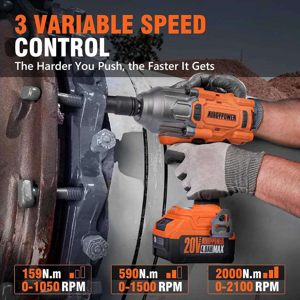 ALLOYPOWER Cordless Brushless Impact Wrench, 1475 ft-lbs (2000N.m), 1/2 High Torque power impact gun, 3-Mode Speed, 2*4000mAh Battery, 3 Sockets, Electric Impact Wrench Set for Car Tire Truck RV Mower
