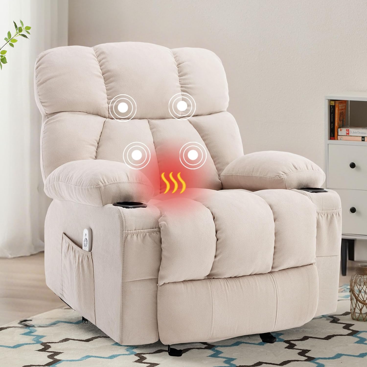 Massage Rocker Recliner Chair with Heat and Vibration Ergonomic Rocking Lounge Chair for Living Room Comfy Overstuffed Recliner with 4 Side Pockets, 2 Cup Holders, Beige