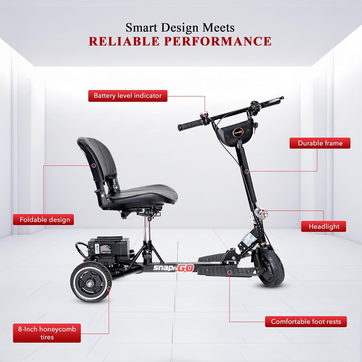 SNAPnGO Three Wheel Portable Mobility Scooter for Adults - Aircraft-Grade Aluminum, Top Speeds of 5 mph & 13-Mile Range - Folding & Foldable Scooter - Airline Approved Electric Sit Down Scooter