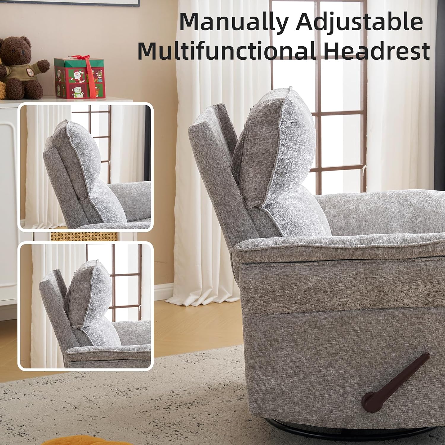 Oversized Glider Rocker Recliner, 26' Extra Wide 360° Swivel Nursery Recliner with Adjustable Headrest, Chenille Rocking Nursery Chair with Overstuffed Armrest, Lumbar Support, Light Grey