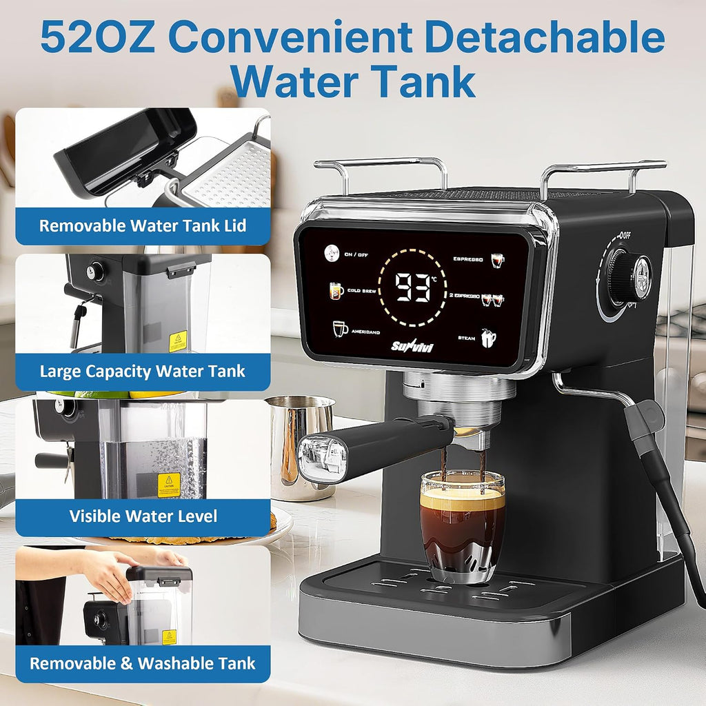 20 Bar Espresso and Americano Machine for Home and Office, Iced Coffee Maker with Touchscreen, Milk Frother, Single/Double Shot & Cold Brew, 52OZ Removable Water Tank, Quick Heating System