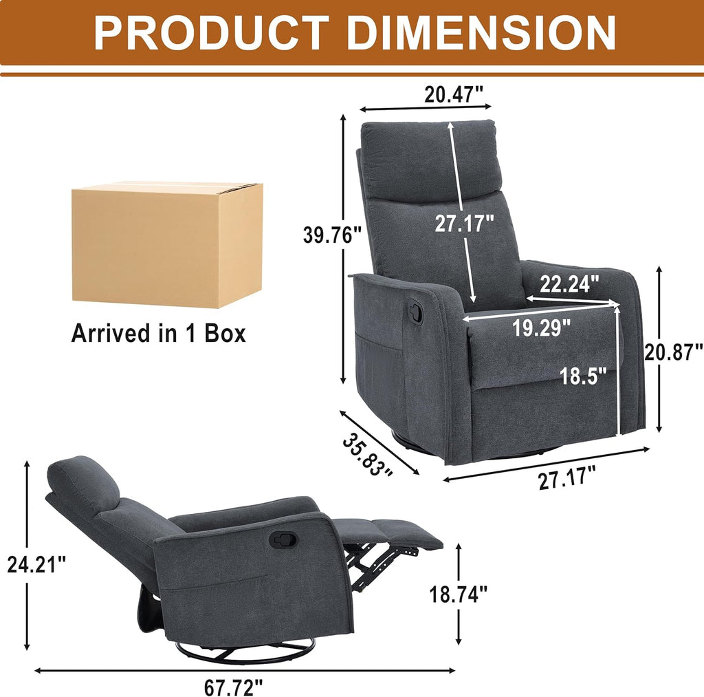 Manual 360° Swivel Rocker Recliner Chair for Adults, Overstuffed Glider Chair for Nursery with Vibration Massage and Heat, Comfy Soft Fabric Glider with Side Pockets for Living Room, Dark Gray