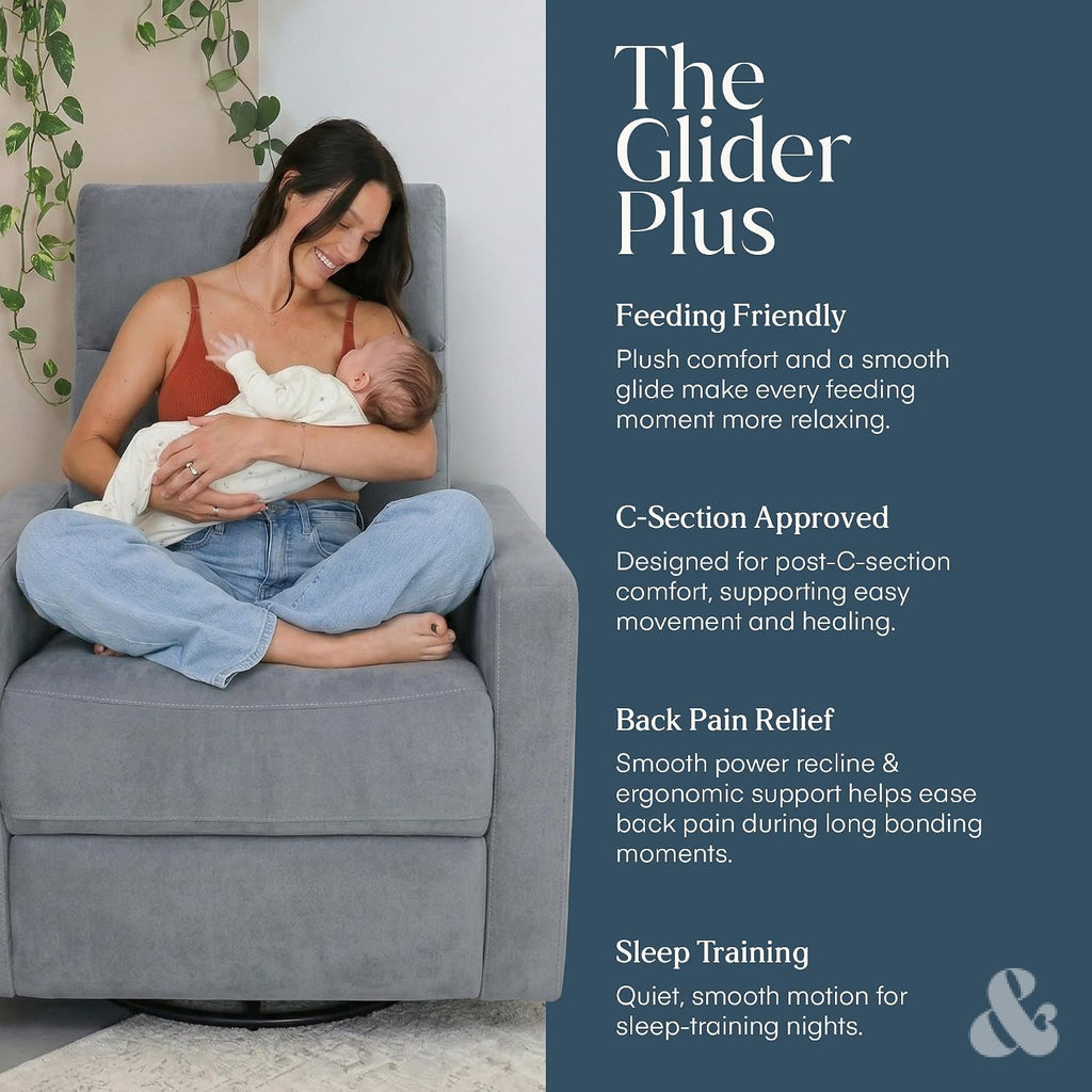 Nurture& The Glider Plus - Premium Nursery Power Recliner | Swivel Chair with Adjustable Head Support and Adjustable Lumbar Support | Built-in USB - The Ultimate Comfort for Nursing, Relaxing (Gray)