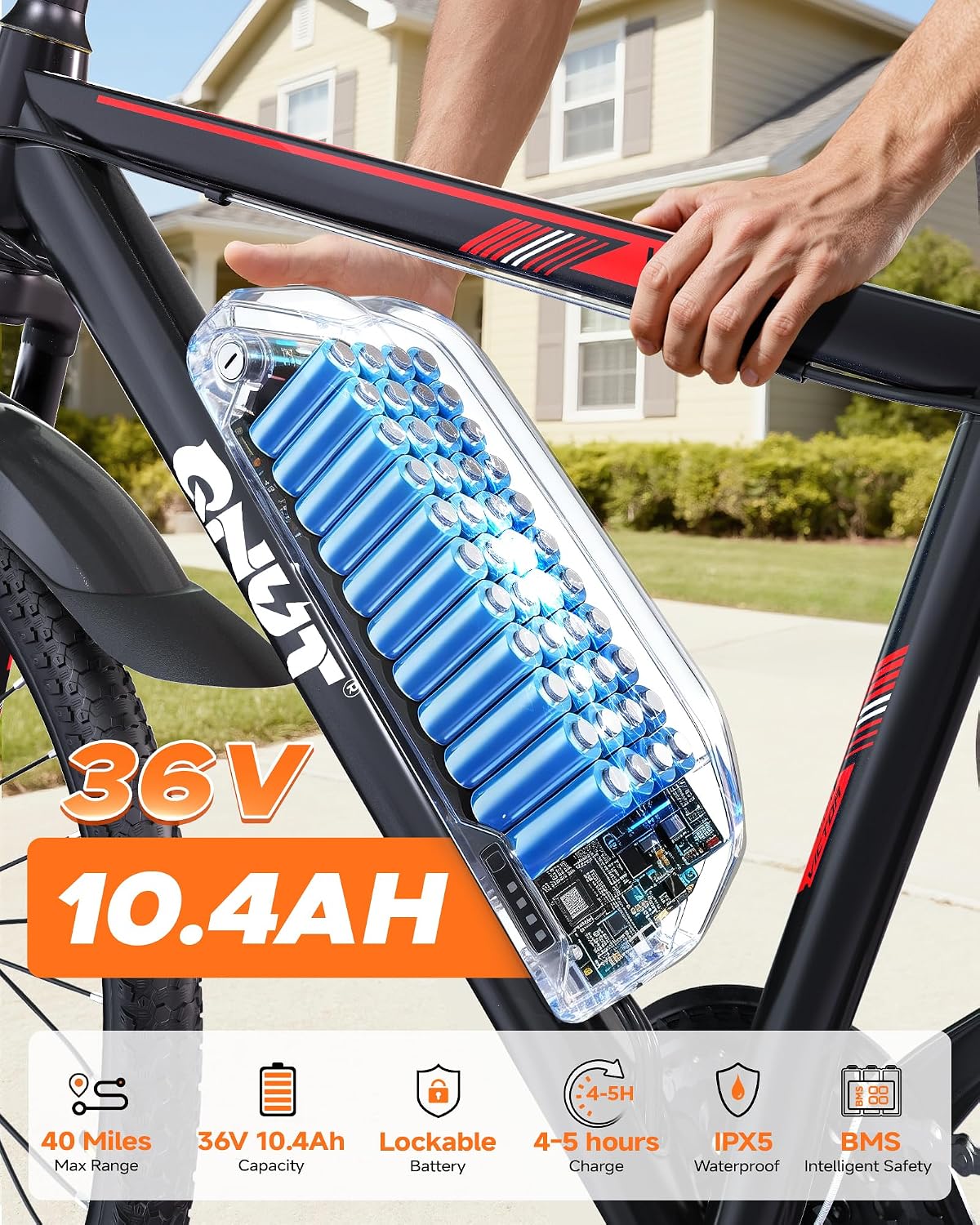 QNUT Electric Bike, Peak 1000W 28MPH 21-Speed Ebike, 36V 10.4Ah Removable Battery Up to 45 Miles, 26' Aluminum Frame, UL 2849 Certified, White Blue