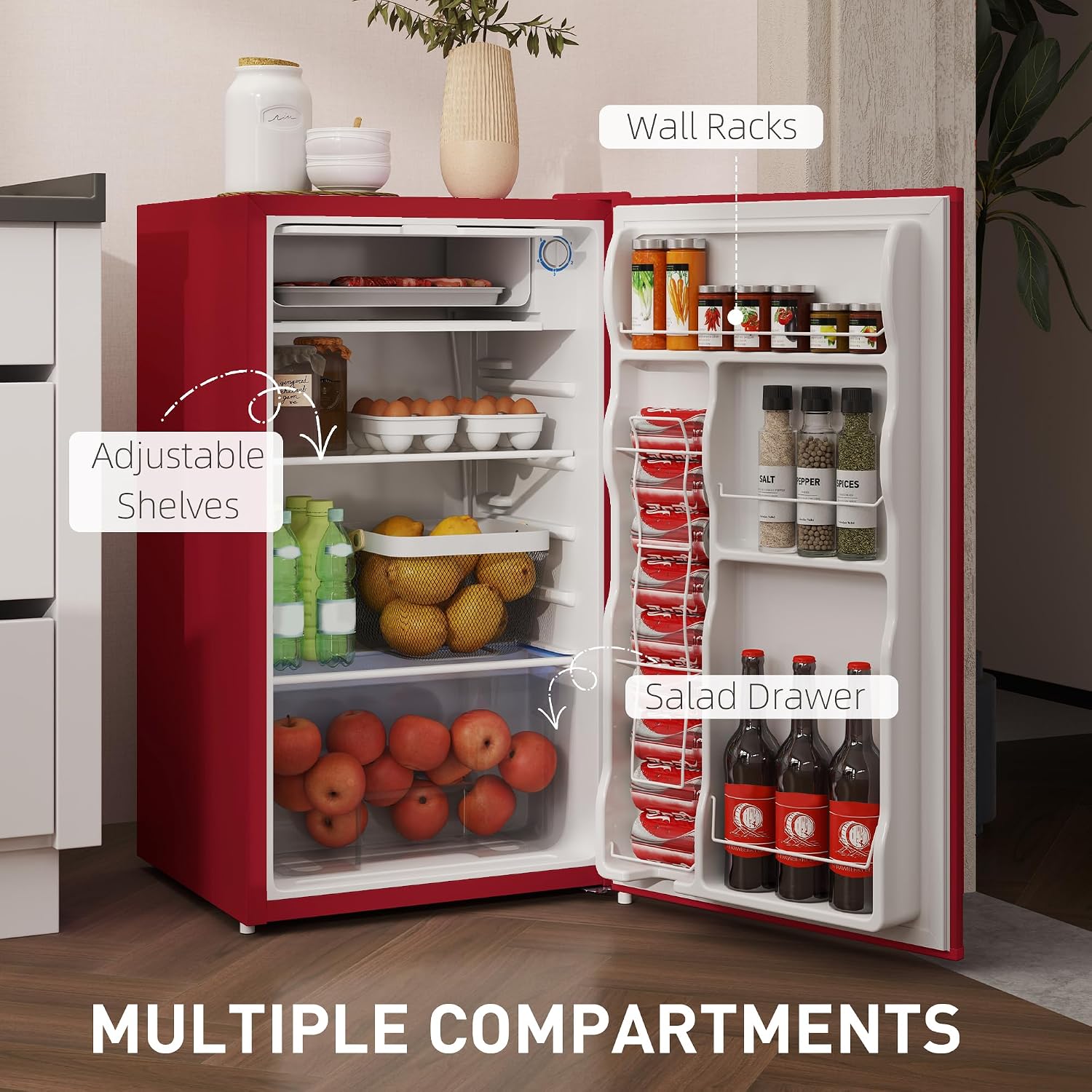 HOMCOM 3.2 Cu.Ft Mini Fridge with Freezer, Compact Refrigerator with Adjustable Thermostat, Shelf and Single Reversible Door for Bedroom, Dorm, Home Office, Energy Efficient, Red