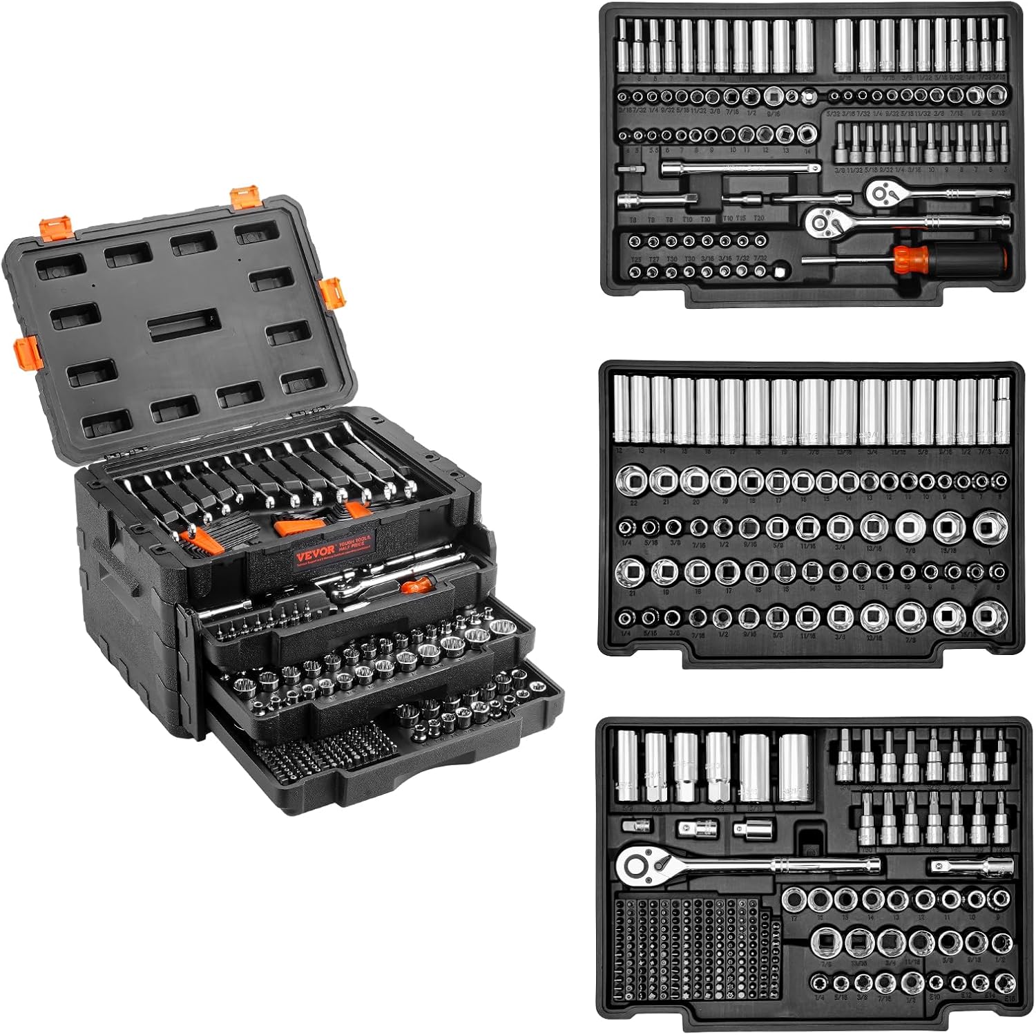 VEVOR Mechanics Tool Set and Socket Set, 1/4' 3/8' 1/2' Drive Deep and Standard Sockets, 450 Pcs SAE and Metric Mechanic Tool Kit with Bits, Combination Wrench, Hex Wrenches, Accessories, Storage Case