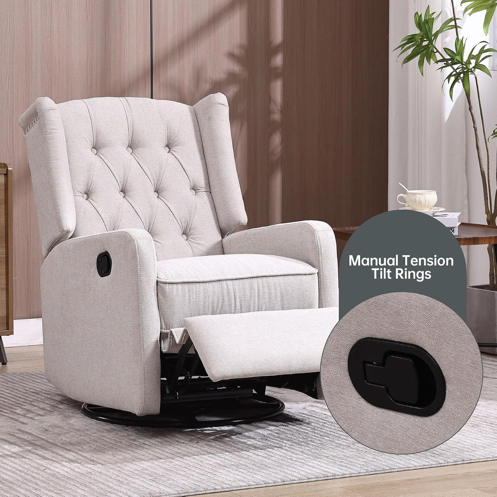 HRVEOCEI Glider Recliner Nursery Chair, Cozy Linen Rocking Chair Nursery Recliner with Adjustable Button Backrest and Footrest, Swivel Recliner Chair for Living Room, Bedroom, Office (Beige)