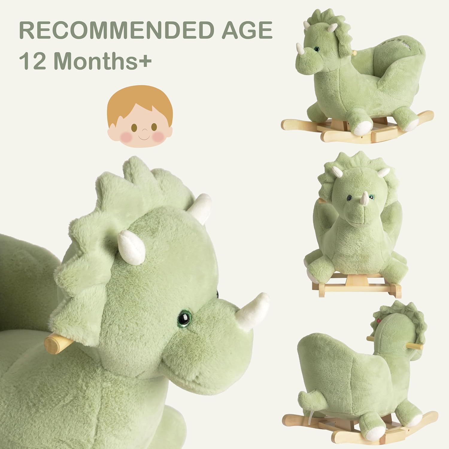 Rock My Baby Rocking Horse Green Dinosaur with Chair, Plush Stuffed Animal Rocker for Toddlers 1-3, Baby Rocker with Sweet Music, Wooden Rocking Horse Baby Animal Rocker,CPC Certified