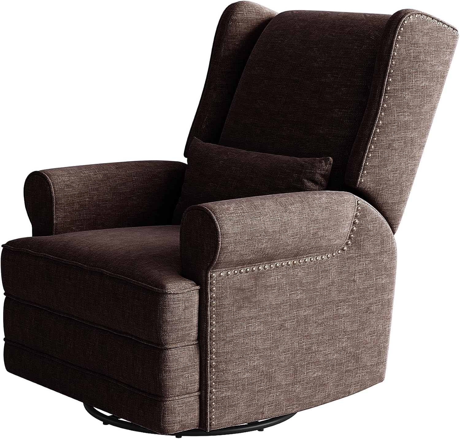 May in Color Nursery Glider Recliner, Comfy Upholstered Glider Chair with Lumbar Pillow and Footrest, Swivel Rocking Chair for Bedroom, Living Room, Brown