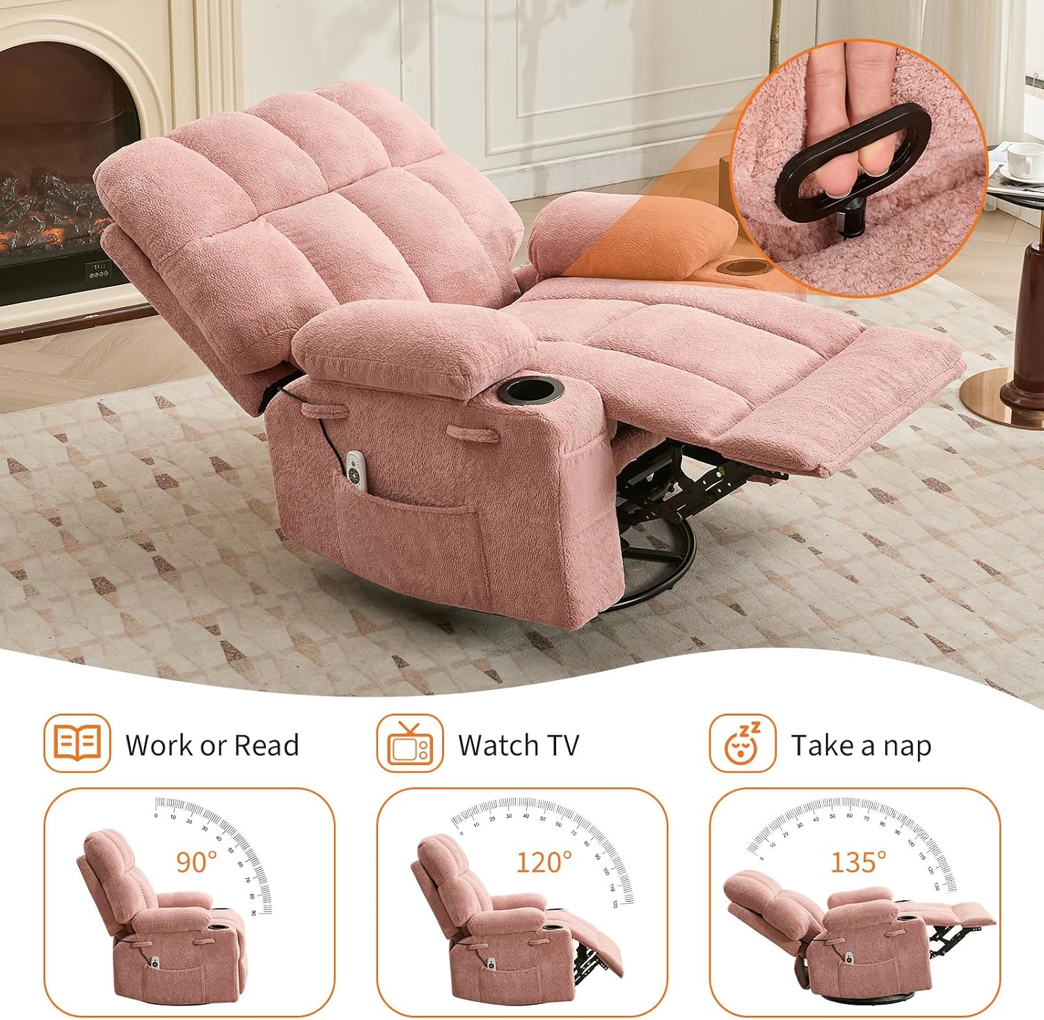 IDEALHOUSE Rocking Recliner Chair with Heat, 38.5' Oversized Swivel Rocker Recliner with Massage, Side Pockets & Cup Holders, Reclining Sofa for Living Room, Bedroom (Pink, Linen)