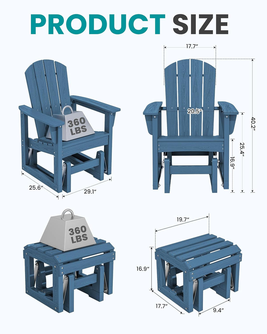 SERWALL Outdoor Glider Chair Set of 2 with Ottoman, HDPE Wood-Like Patio Glider Set All-Weather Porch Glider for Outside, Blue