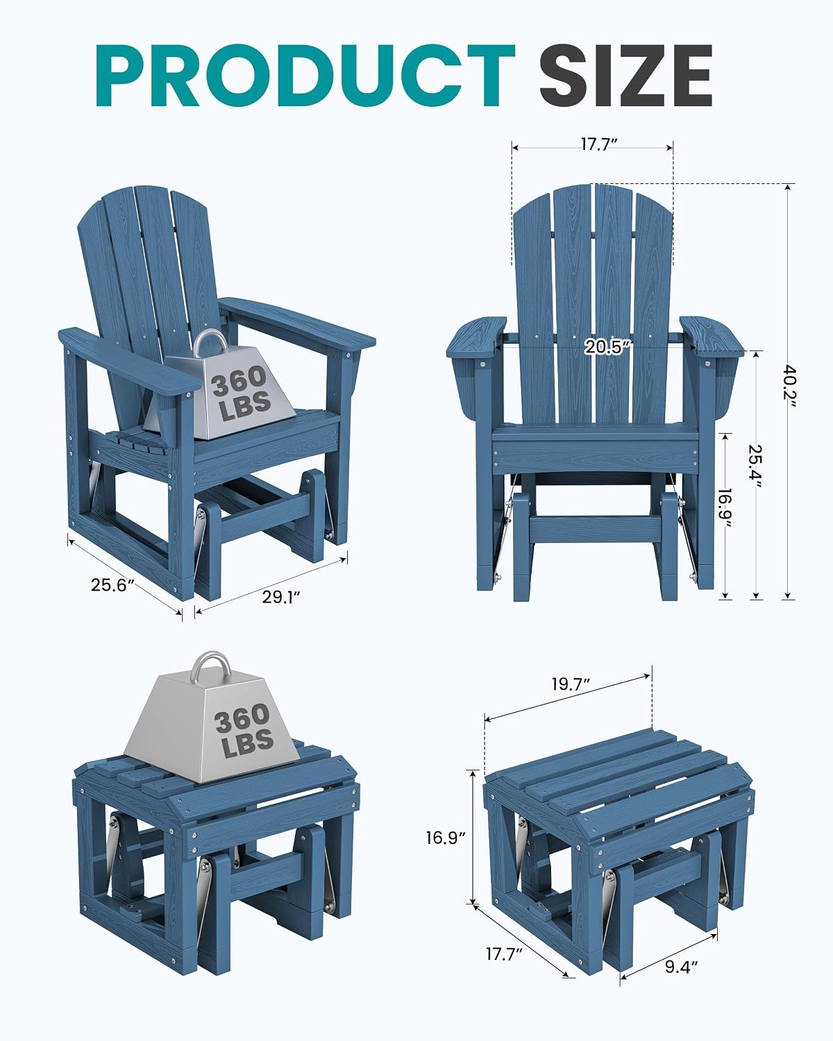 SERWALL Outdoor Glider Chair Set of 2 with Ottoman, HDPE Wood-Like Patio Glider Set All-Weather Porch Glider for Outside, Blue