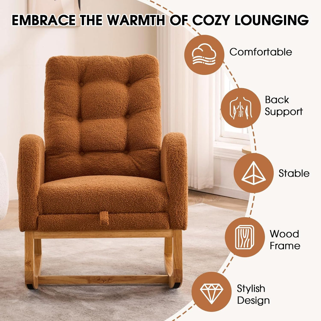 NIOIIKIT Rocking Chair Nursery, Teddy Upholstered Glider Chair with Footstool, Tufted Rocker Recliner Chair with Side Pocket, Comfy Glider Accent Chair for Living Room (Brown Teddy)