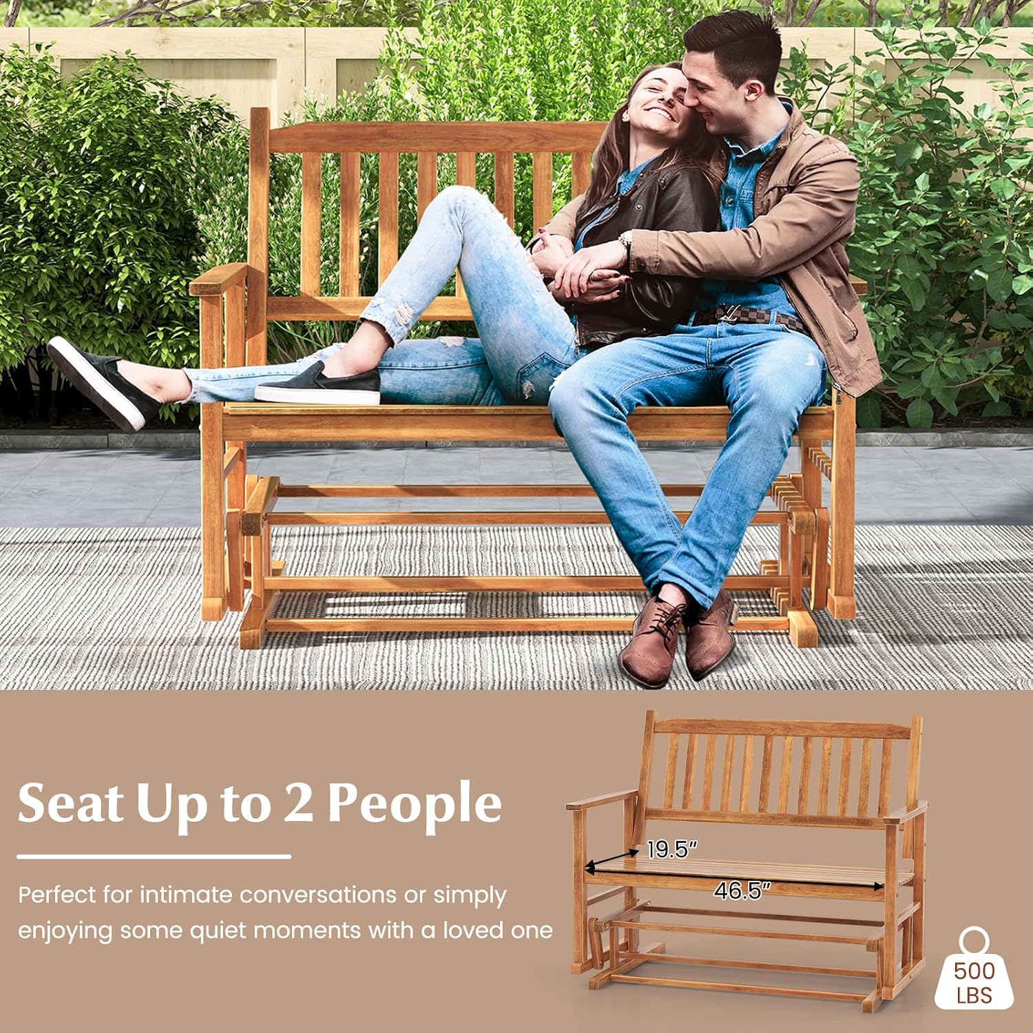 Tangkula 2 Person Outdoor Glider Bench, Poplar Wood Patio Swing Glider Loveseat with Armrests, Slatted Seat & Backrest, Porch Rocking Glider Bench for Backyard, Garden, Deck (Natural)