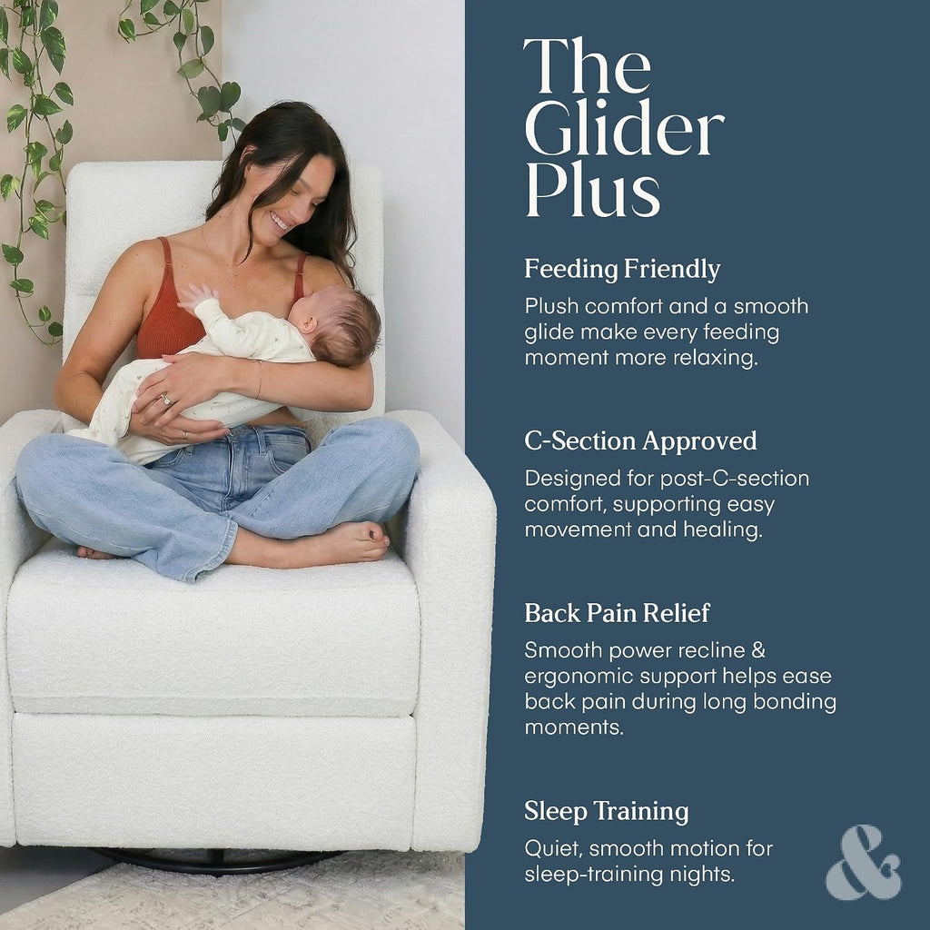 Nurture& The Glider Plus - Premium Nursery Power Recliner | Swivel Chair with Adjustable Head Support and Adjustable Lumbar Support | Built-in USB - The Ultimate Comfort for Nursing, Relaxing (Boucle)