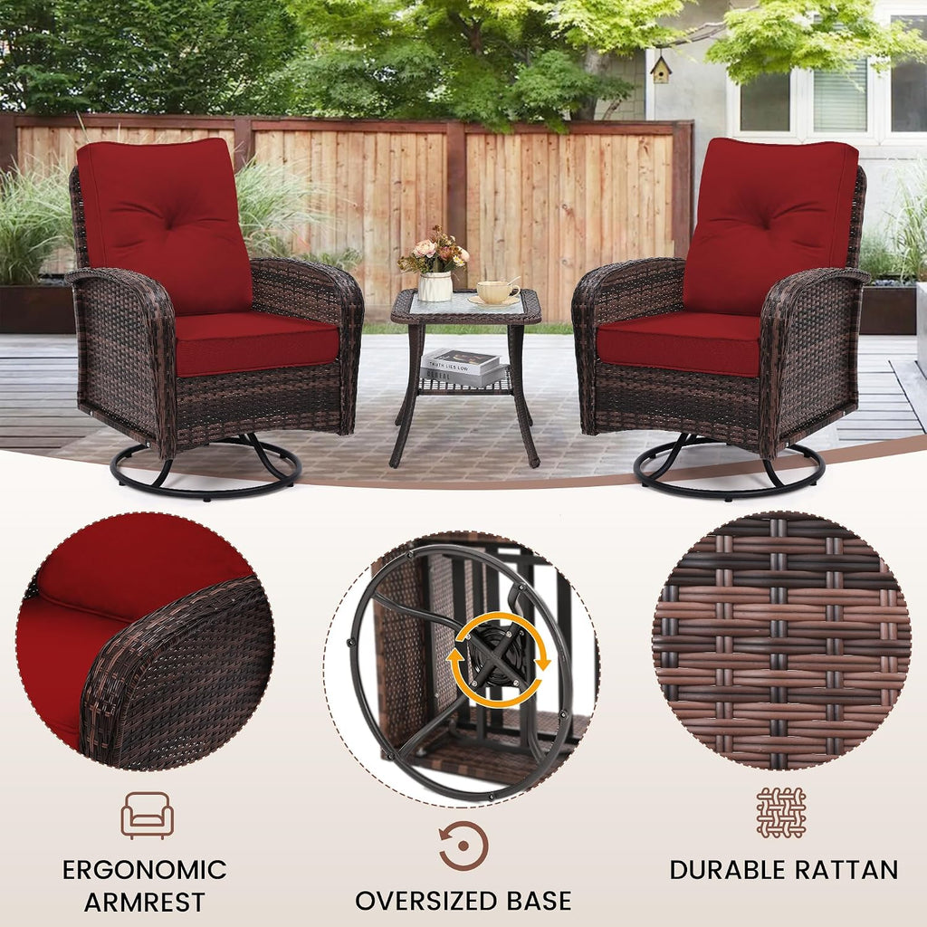 wildformers Luxury Outdoor Swivel Wicker Glider Patio Chairs with Table Set, Overstuffed Washable Cushions, Ideal for Porch, Balcony, Deck, Brown Rattan and Red Cushion