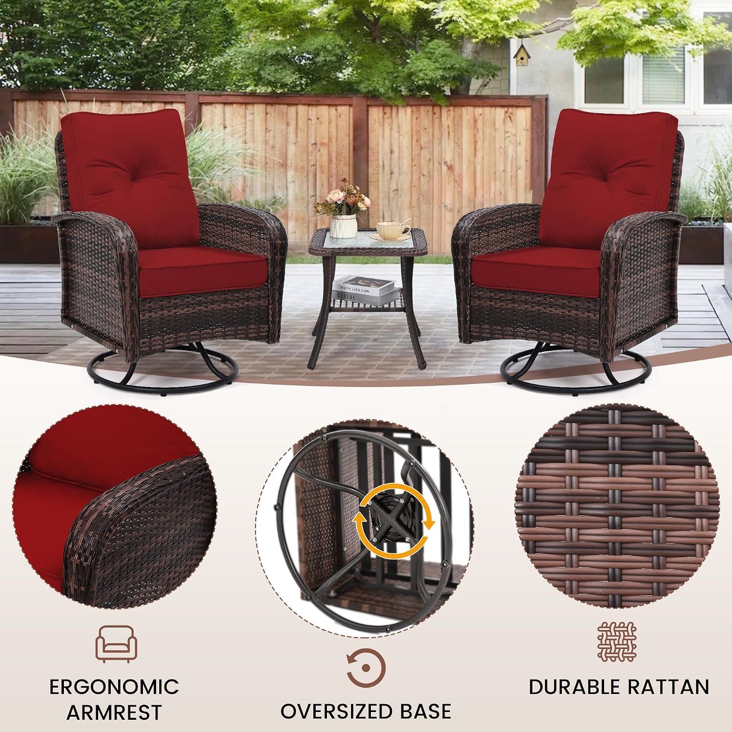wildformers Luxury Outdoor Swivel Wicker Glider Patio Chairs with Table Set, Overstuffed Washable Cushions, Ideal for Porch, Balcony, Deck, Brown Rattan and Red Cushion