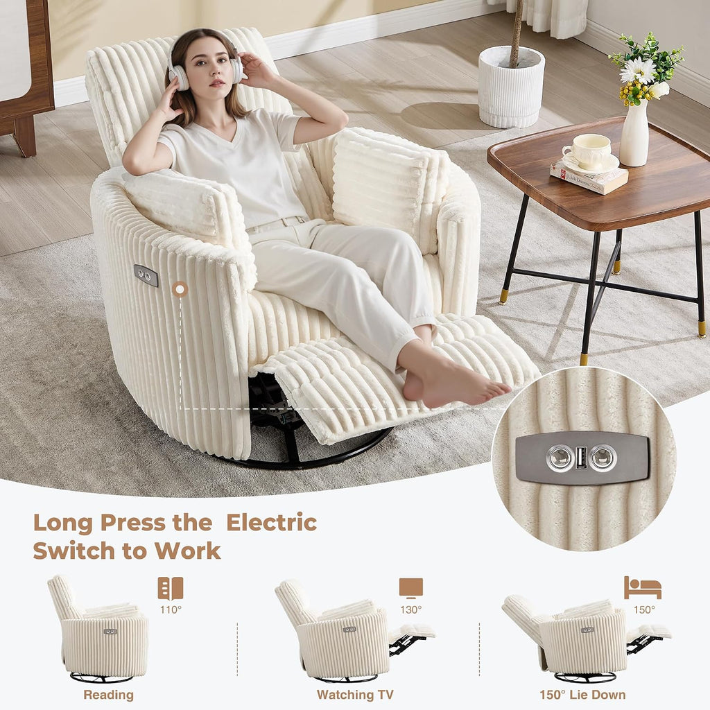 Power Recliner,Nursery Swivel Glider Rocking Chair with USB Port,Upholstered Adult Electric Recliner Rocking Chair with 2 Pillows for Living Room Bedroom (Beige Corduroy, Power-Driven)