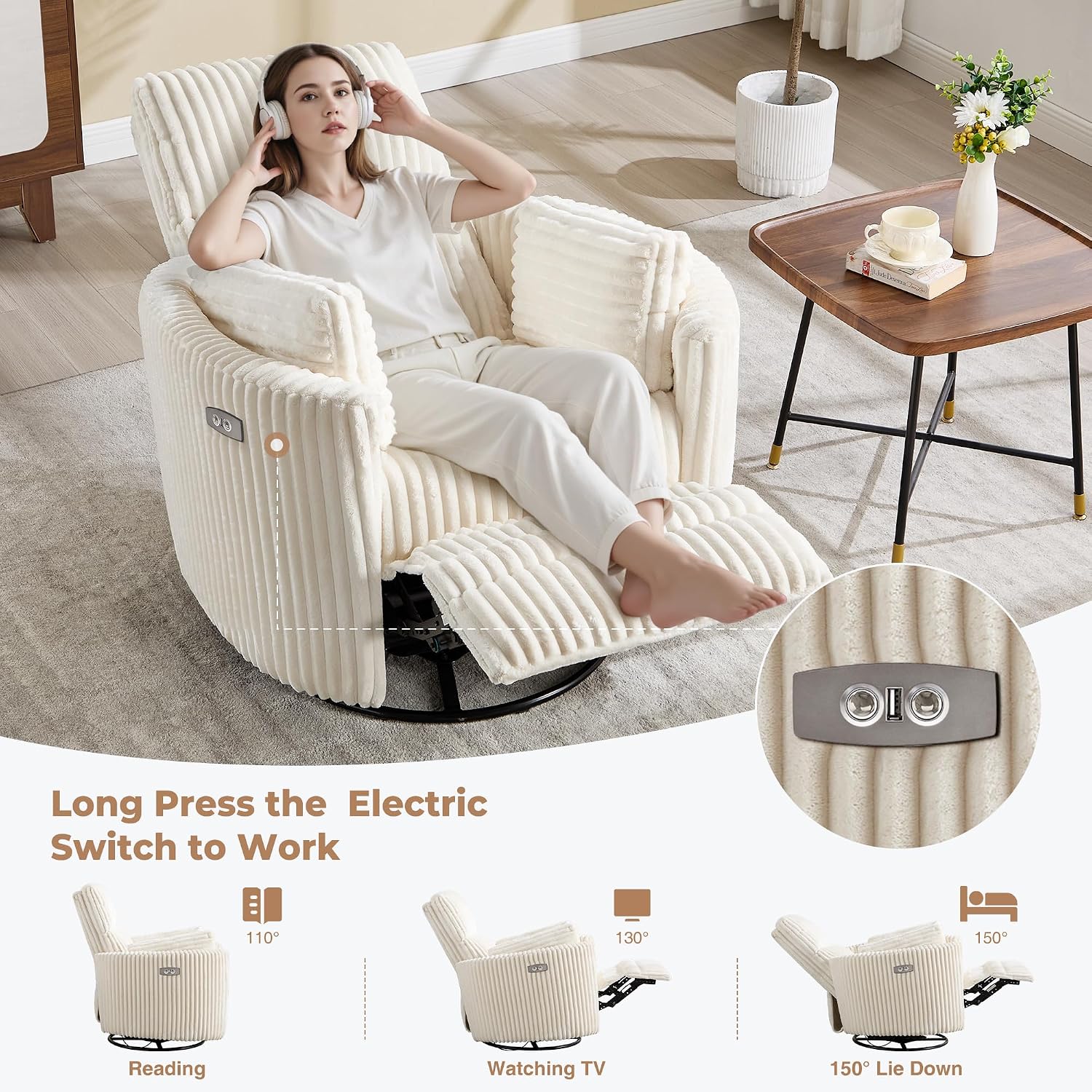 Power Recliner,Nursery Swivel Glider Rocking Chair with USB Port,Upholstered Adult Electric Recliner Rocking Chair with 2 Pillows for Living Room Bedroom (Beige Corduroy, Power-Driven)