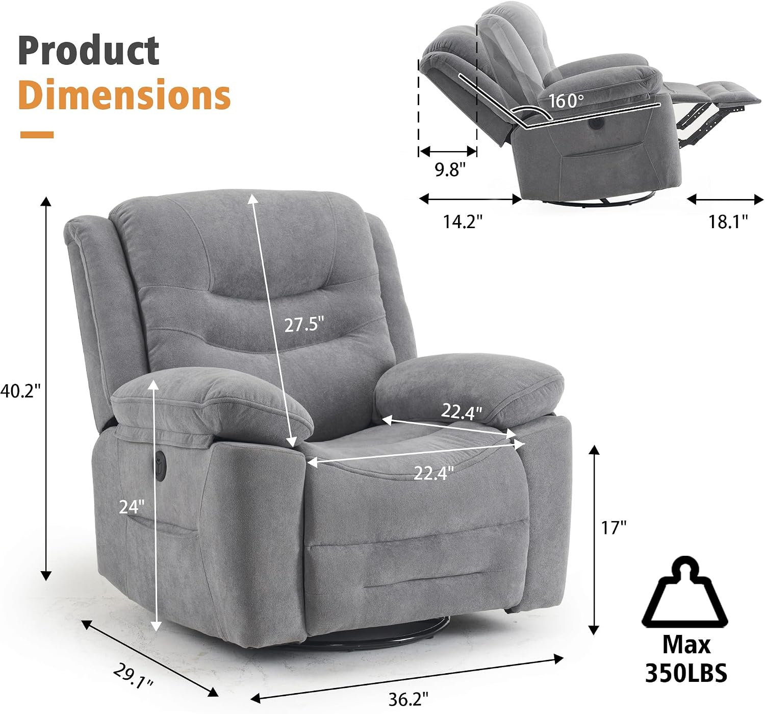 Ketaiyou Power Swivel Rocker Recliner with Massage and Heat, USB Port, Infinite Position, Oversized Electric Glider Rocking Chairs Living Room, Soft Fabric Reclining Sofa Chair(Misty Gray)