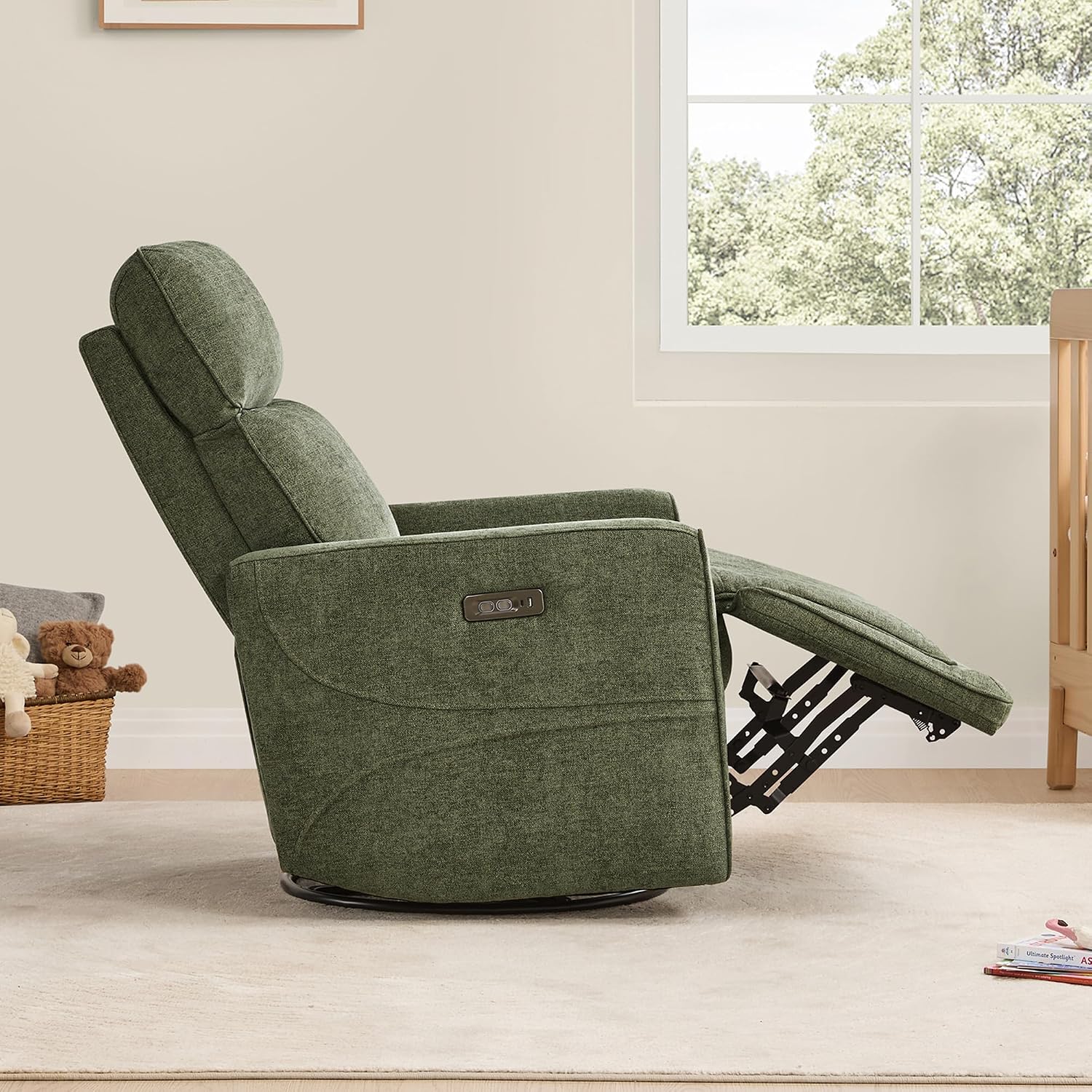 CHITA Power Recliner Chair Swivel Glider with Adjustable Power Headrest, FSC Certified Electronic Modern Nursery Rocking Chair with USB and Type-C Ports, Forest Green